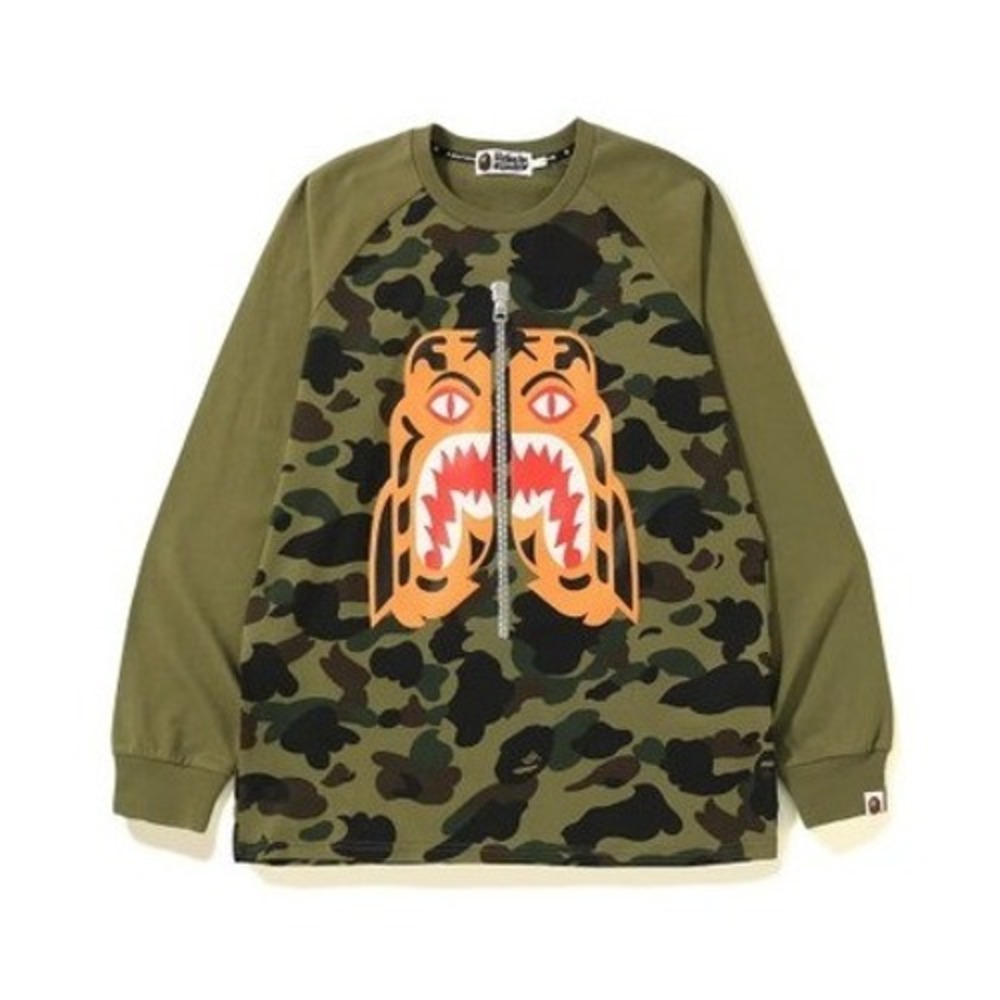 BAPE 1st Camo Tiger LS Tee Green Camouflage Raglan Shirt Size XL